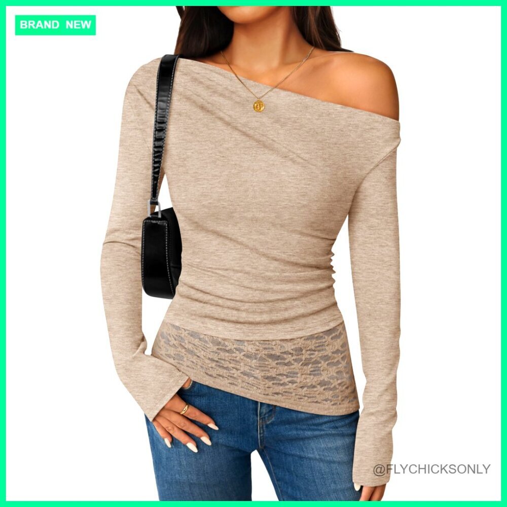 Long Sleeve Off Shoulder Boat Neck Slim Fit Blouse Y2K Casual Top